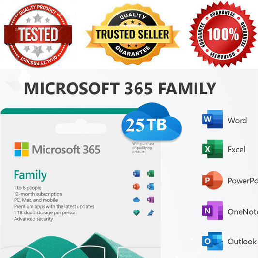 MICROSOFT OFFICE 365 ACCOUNT + ONEDRIVE WITH STORAGE CAPACITY OF UP TO 25TB.
